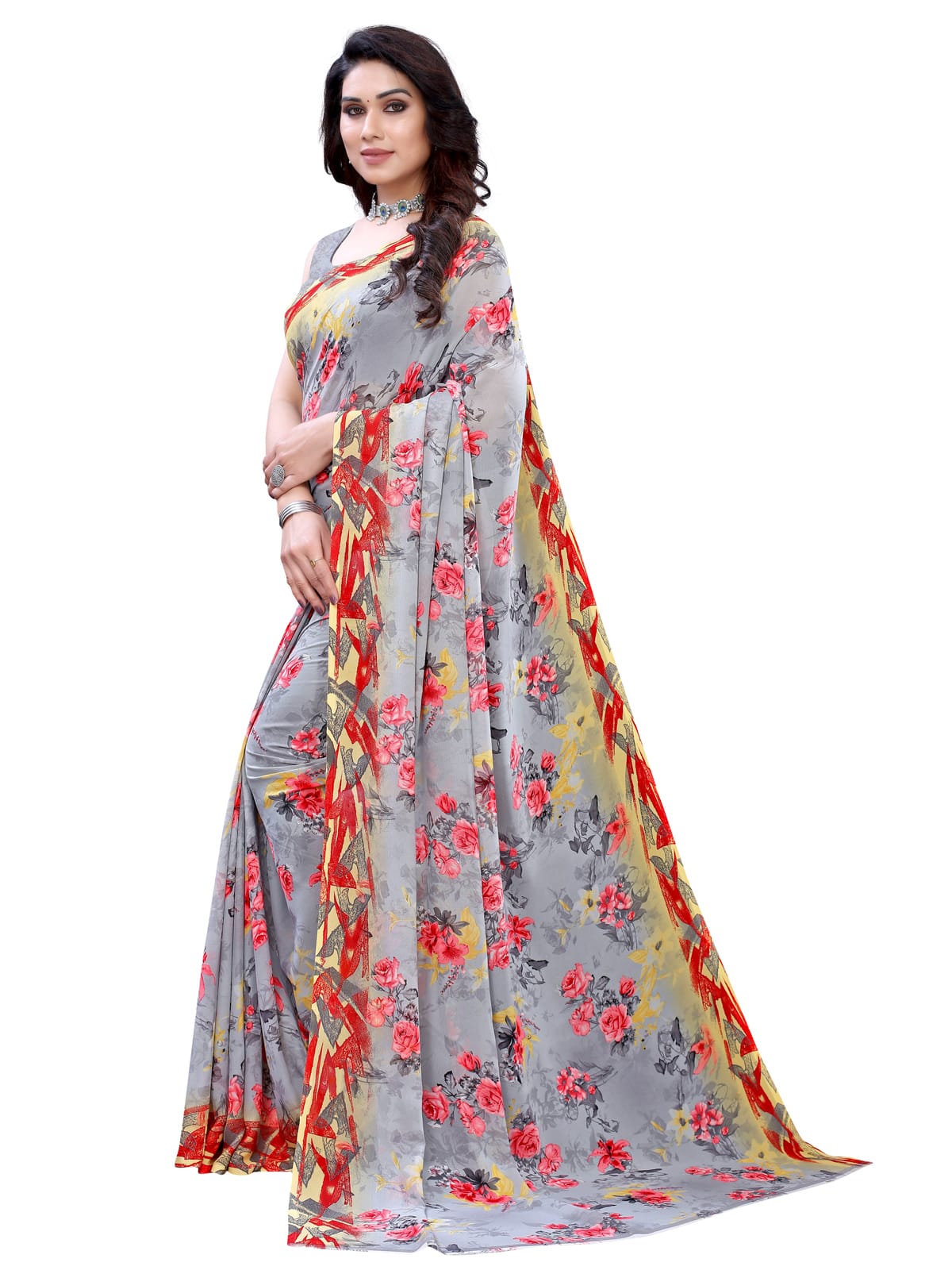 Georgette Floral Multi-Grey Saree