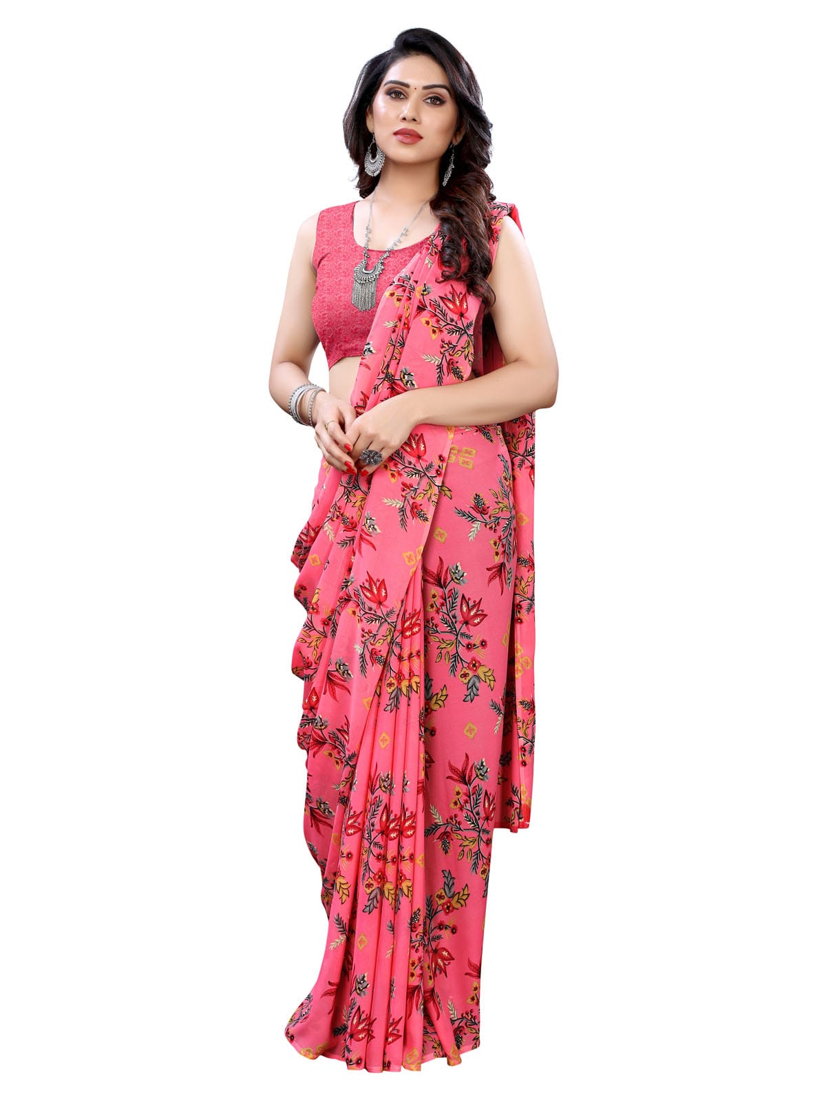 Georgette Floral French Rose Pink Saree
