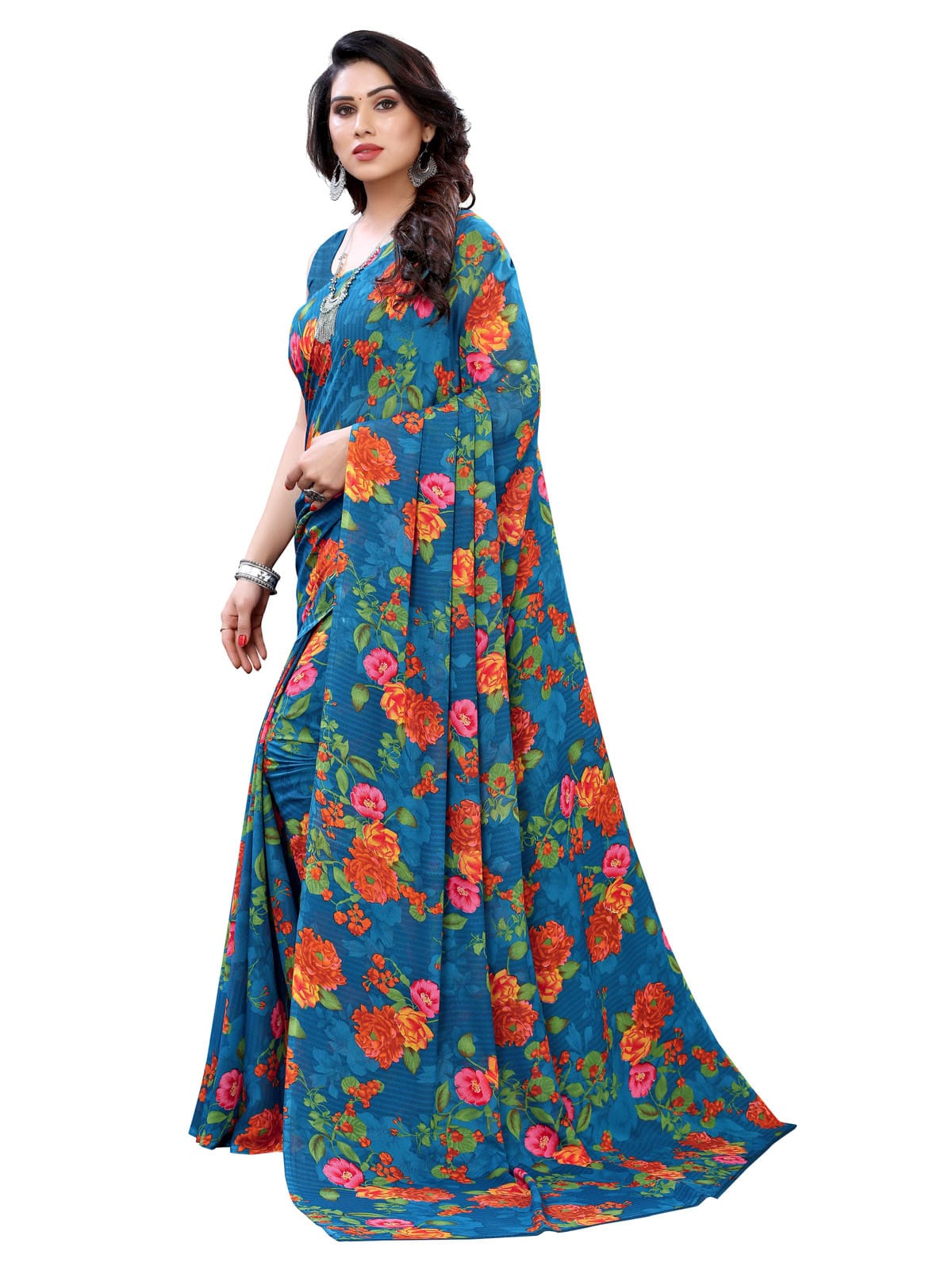 Georgette Floral Blue Saree