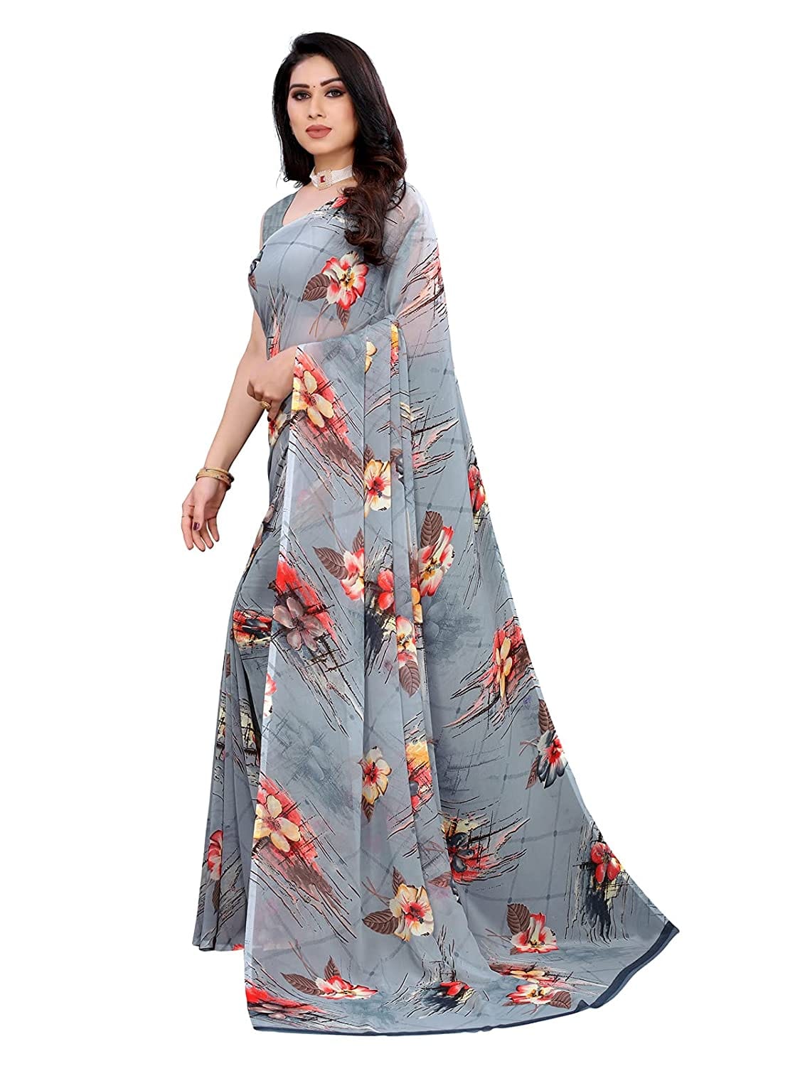 Georgette Floral Grey Saree