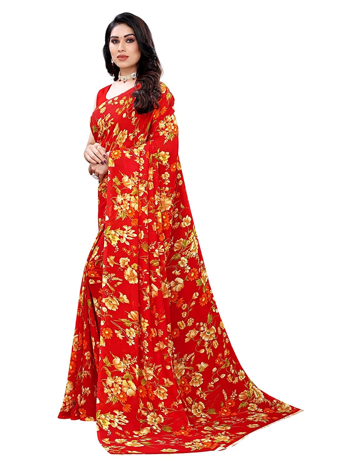 Georgette Floral Red Saree