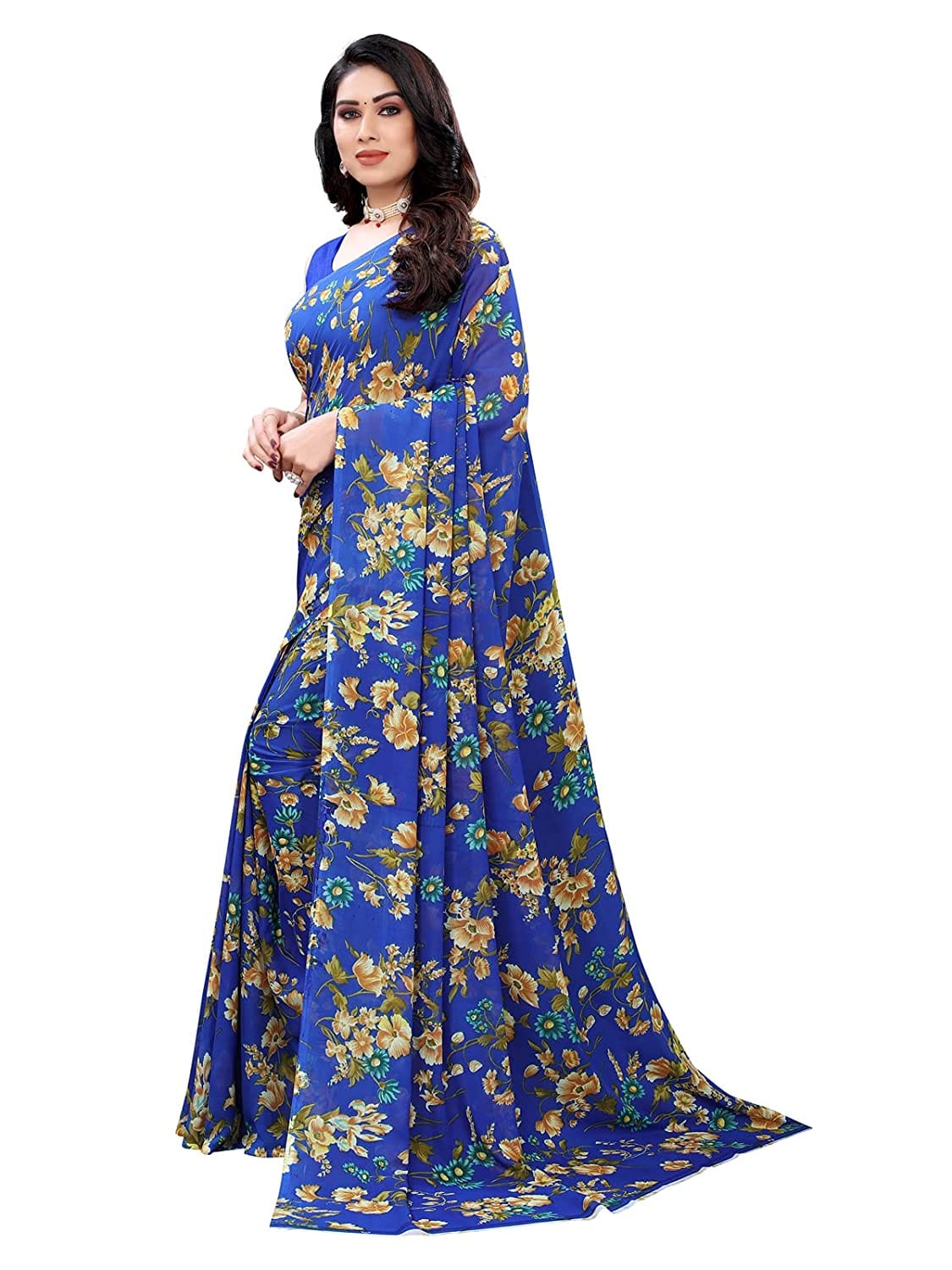 Georgette Floral Royal Blue Saree