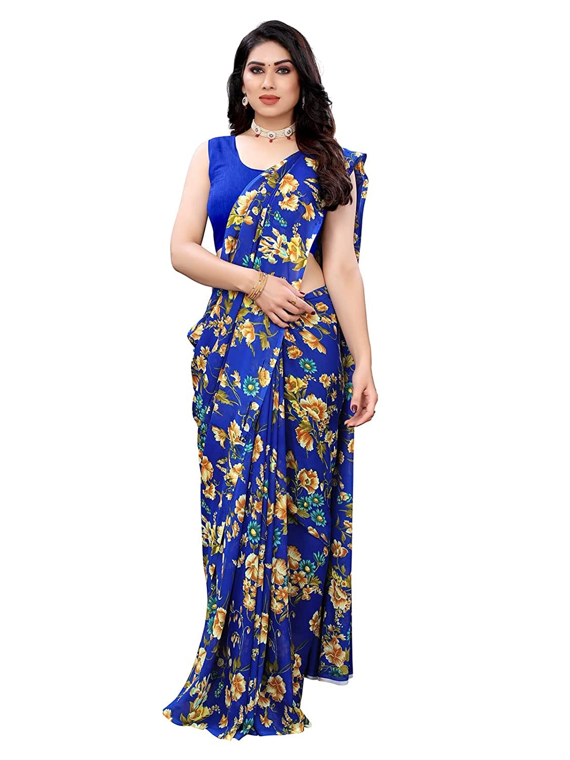 Georgette Floral Royal Blue Saree
