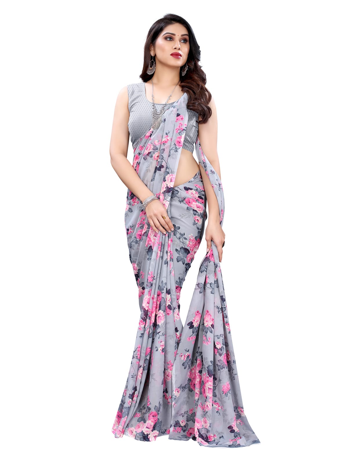 Georgette Floral Grey Saree
