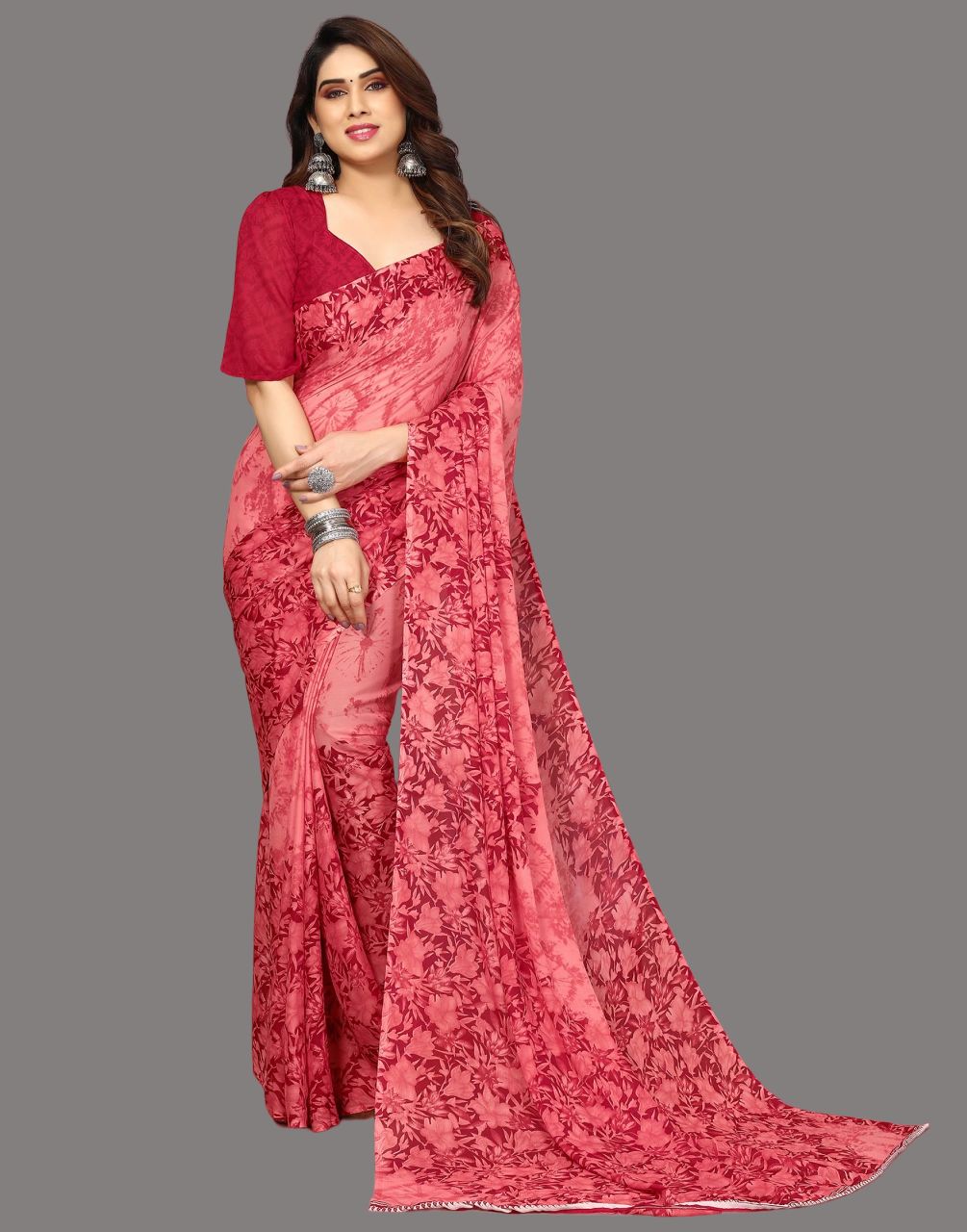 Georgette Beige1 Saree with Floral Printed Work – 5.30MTR