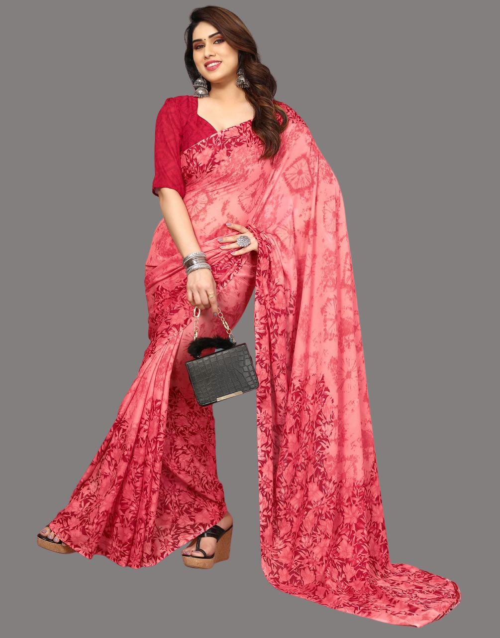 Georgette Beige1 Saree with Floral Printed Work – 5.30MTR