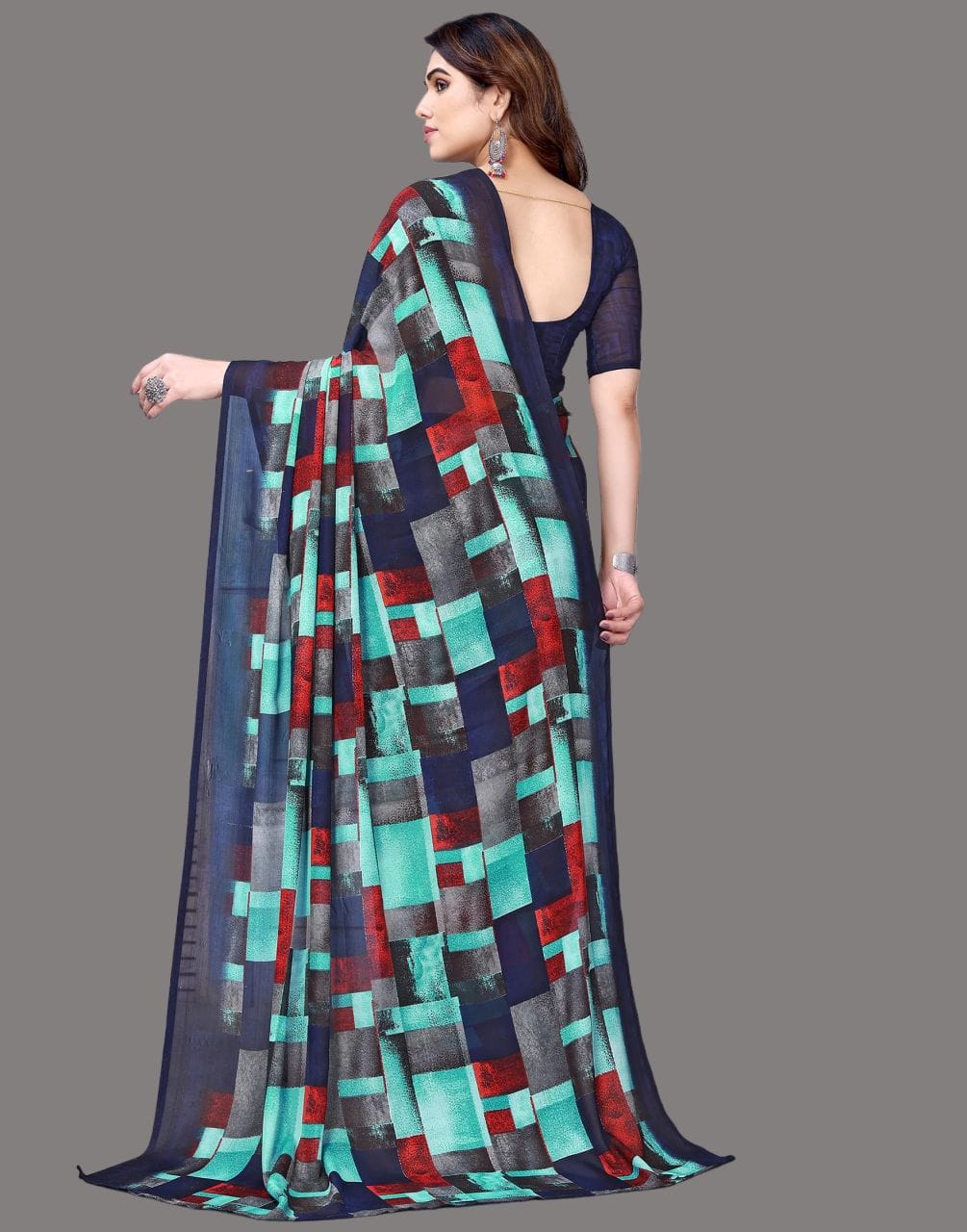 Georgette Geometric Black and Blue Saree