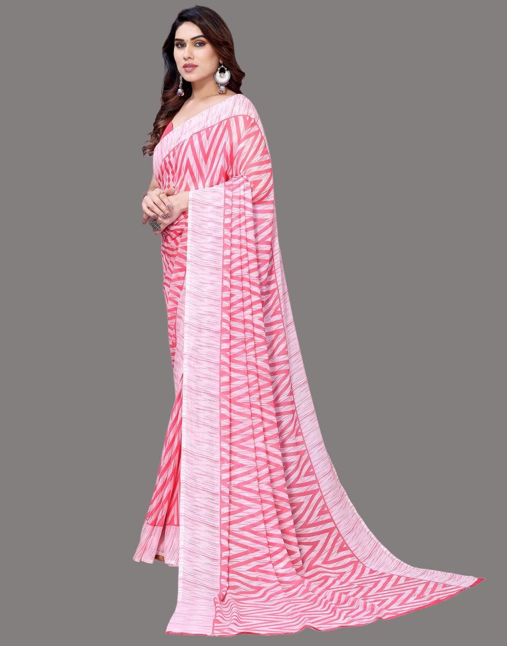 Georgette Geometric Pink and White Saree