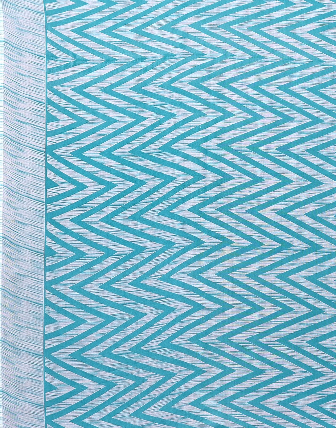 Georgette Geometric White and Turquoise Saree