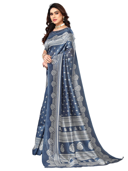 Art Silk Traditional Grey and OffWhite Saree