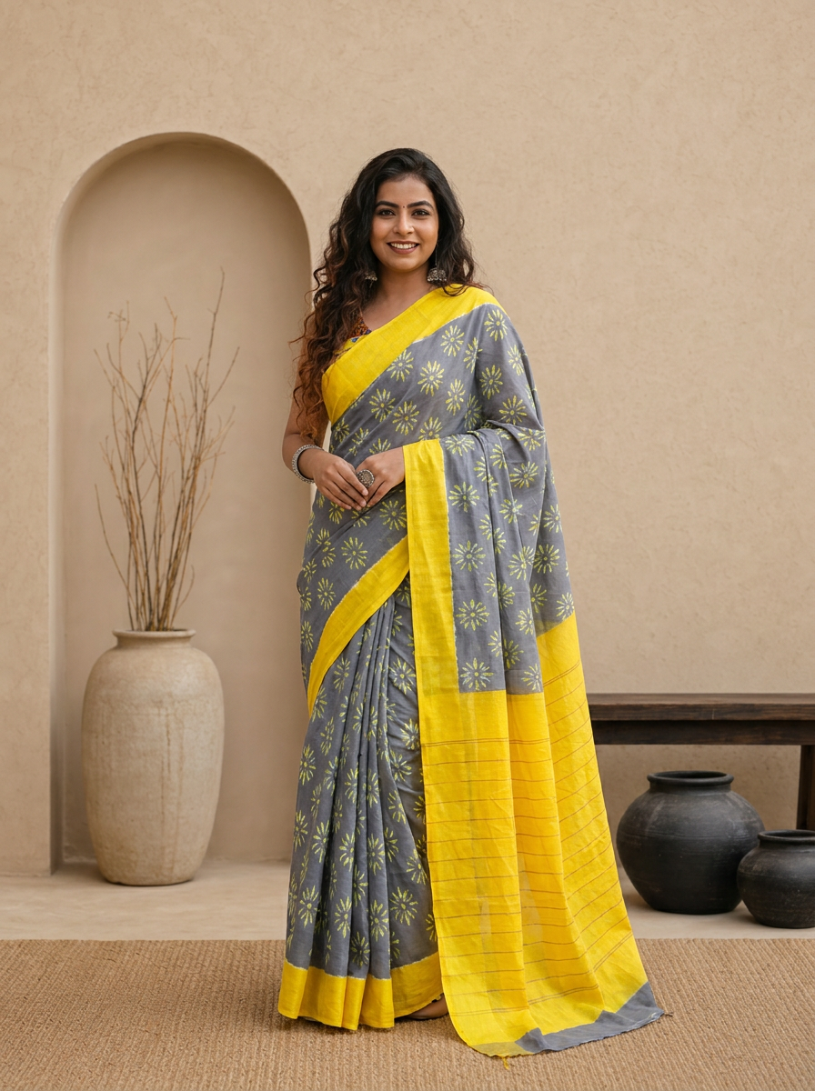 Stylish Pure Cotton Grey Saree with Yellow Border & Floral Print - 02 hero