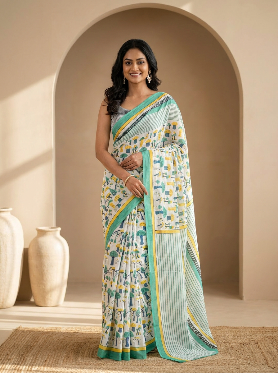 Pure Cotton Off White Saree with Multicolor Abstract Prints & Green Border - 02 hero