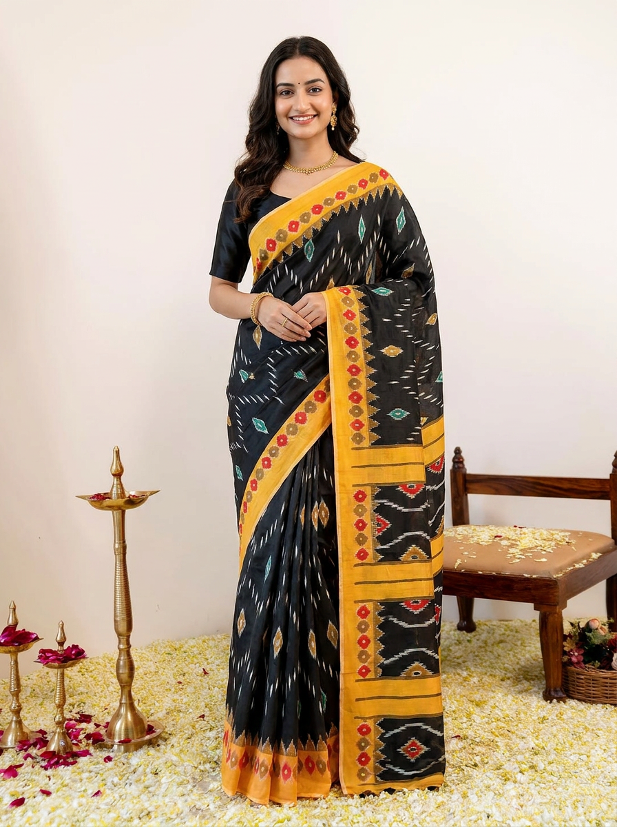 Pure Cotton Black Saree with Orange Border & Ikat Inspired Prints