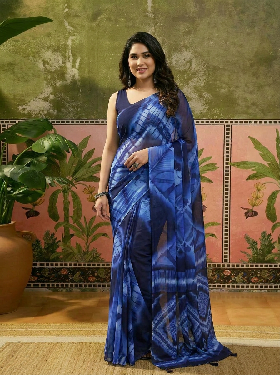 Elegant Royal Blue Tie-Dye Printed Saree Ã¢â‚¬â€œ Stylish Party & Casual Wear - 02 hero
