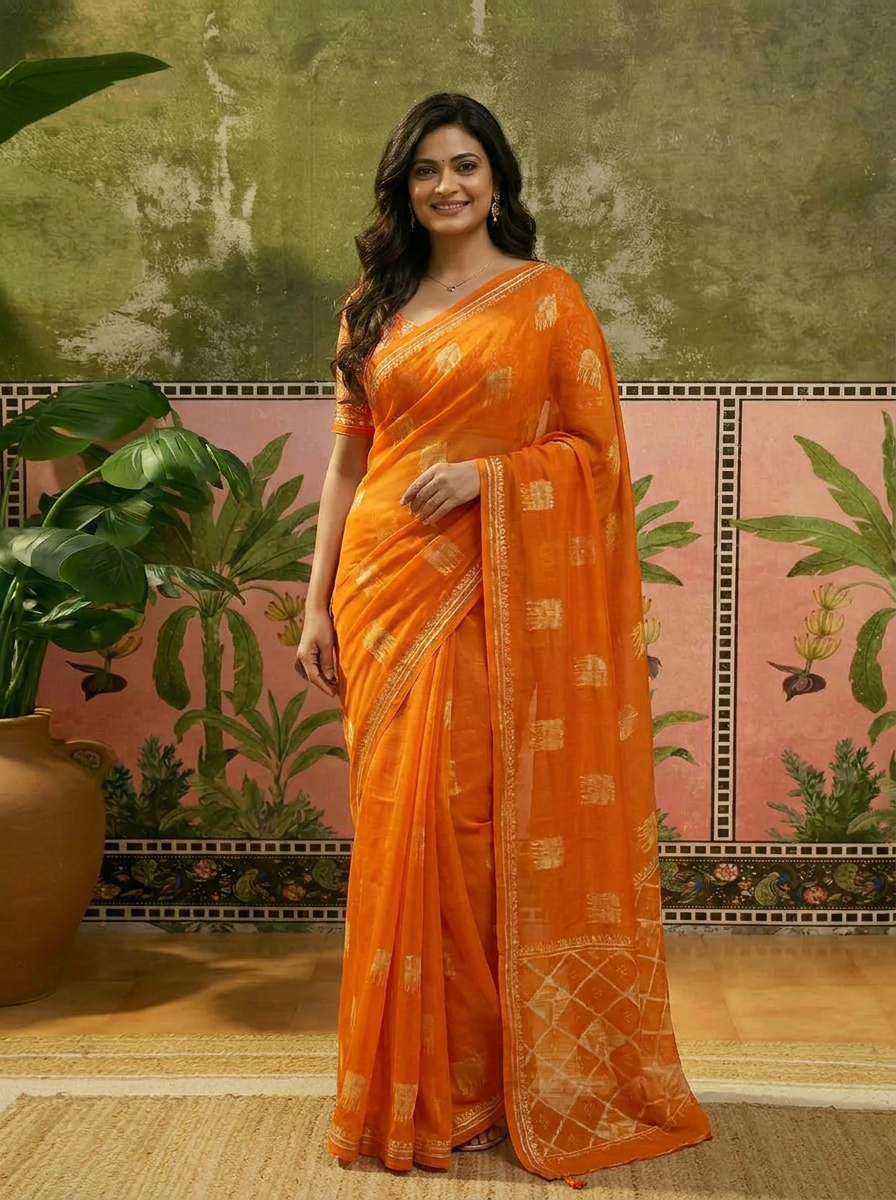 Pure Cotton Bright Orange Traditional Printed Saree - 02 hero