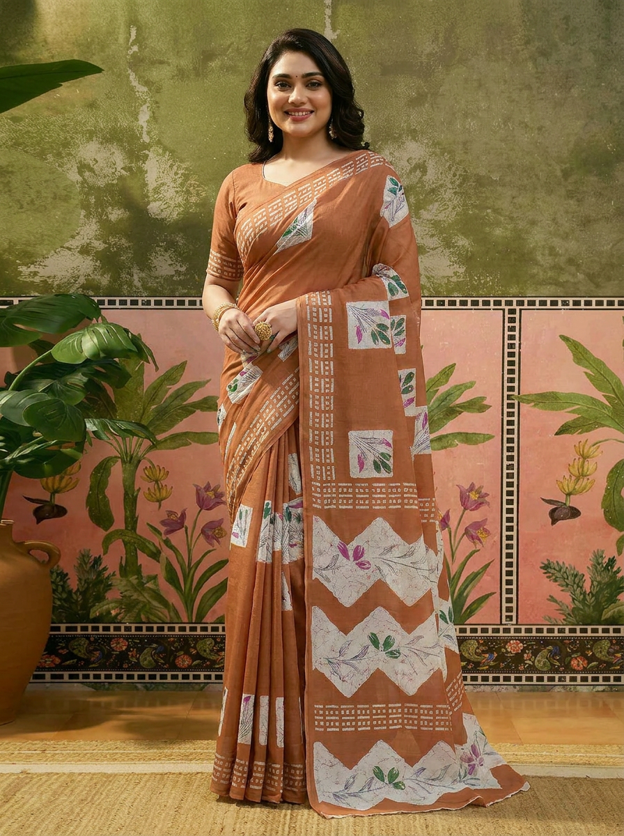 Olive Green Batik Printed Mulmul Cotton Saree - 02 hero