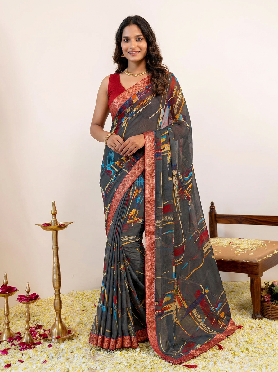 Aarohi Digital Print Chiffon Saree with Lace Border