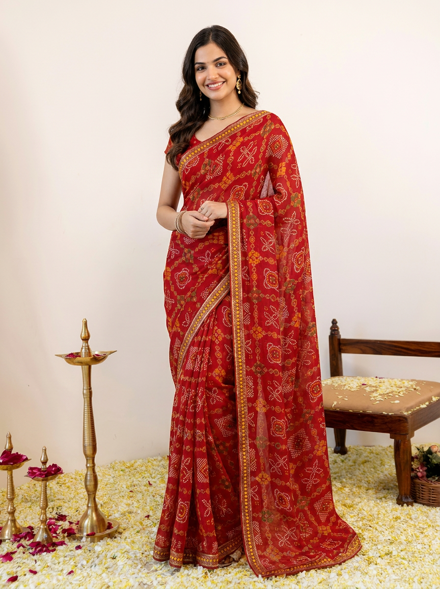 Ishani Bandhani Printed Chiffon Saree with Lace Border - 02 hero (1)