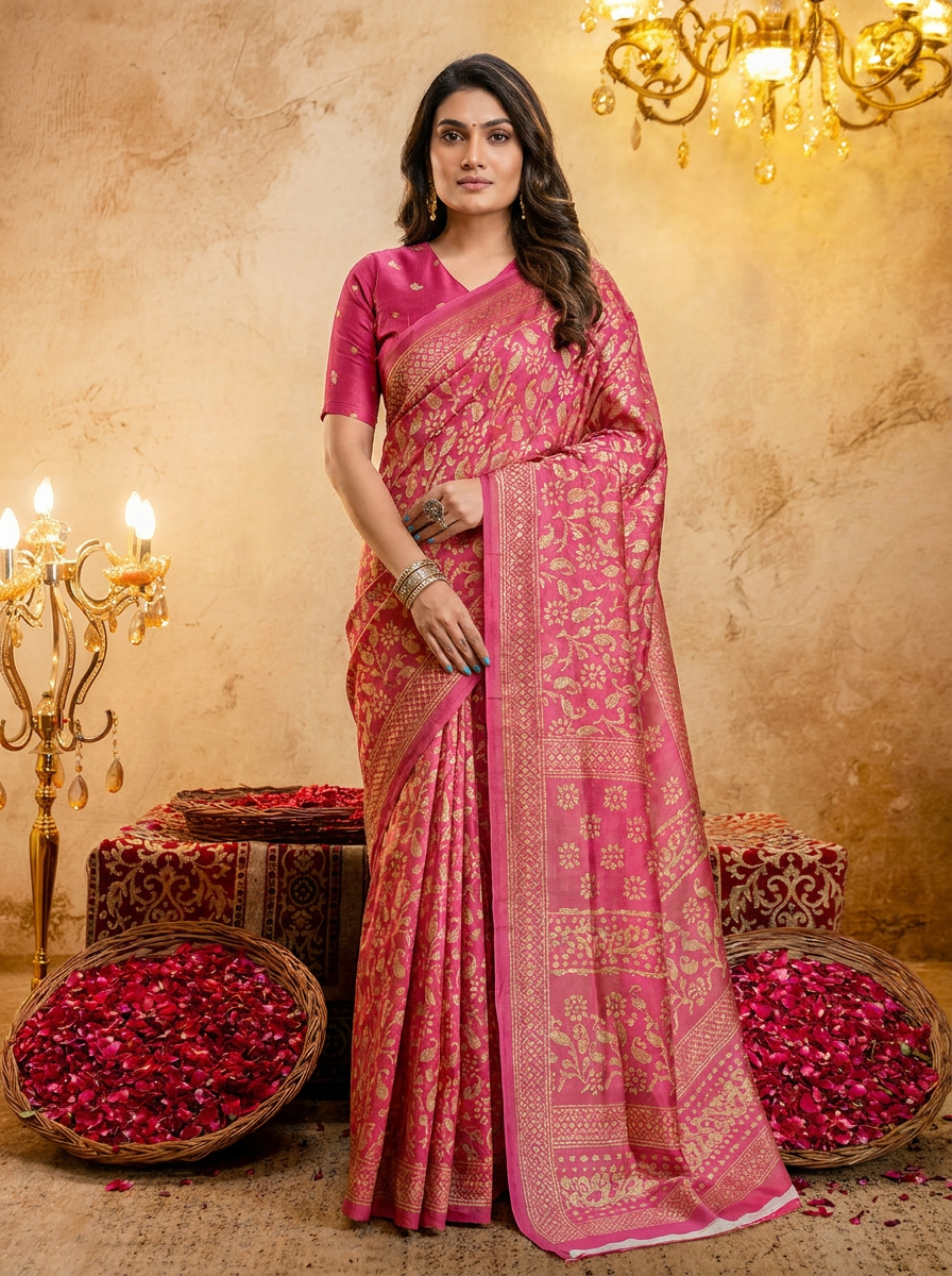 Sea Blue Cotten Saree with Golden Paisley Prints - 02 hero (1)