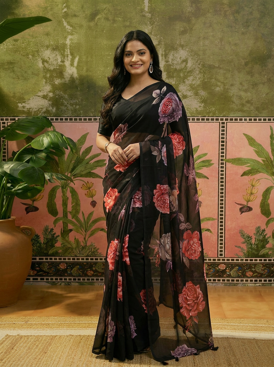 Elegant Black Floral Printed Chiffon Saree with Flower Design – Stylish Party & Casual Wear - 02 hero (1)