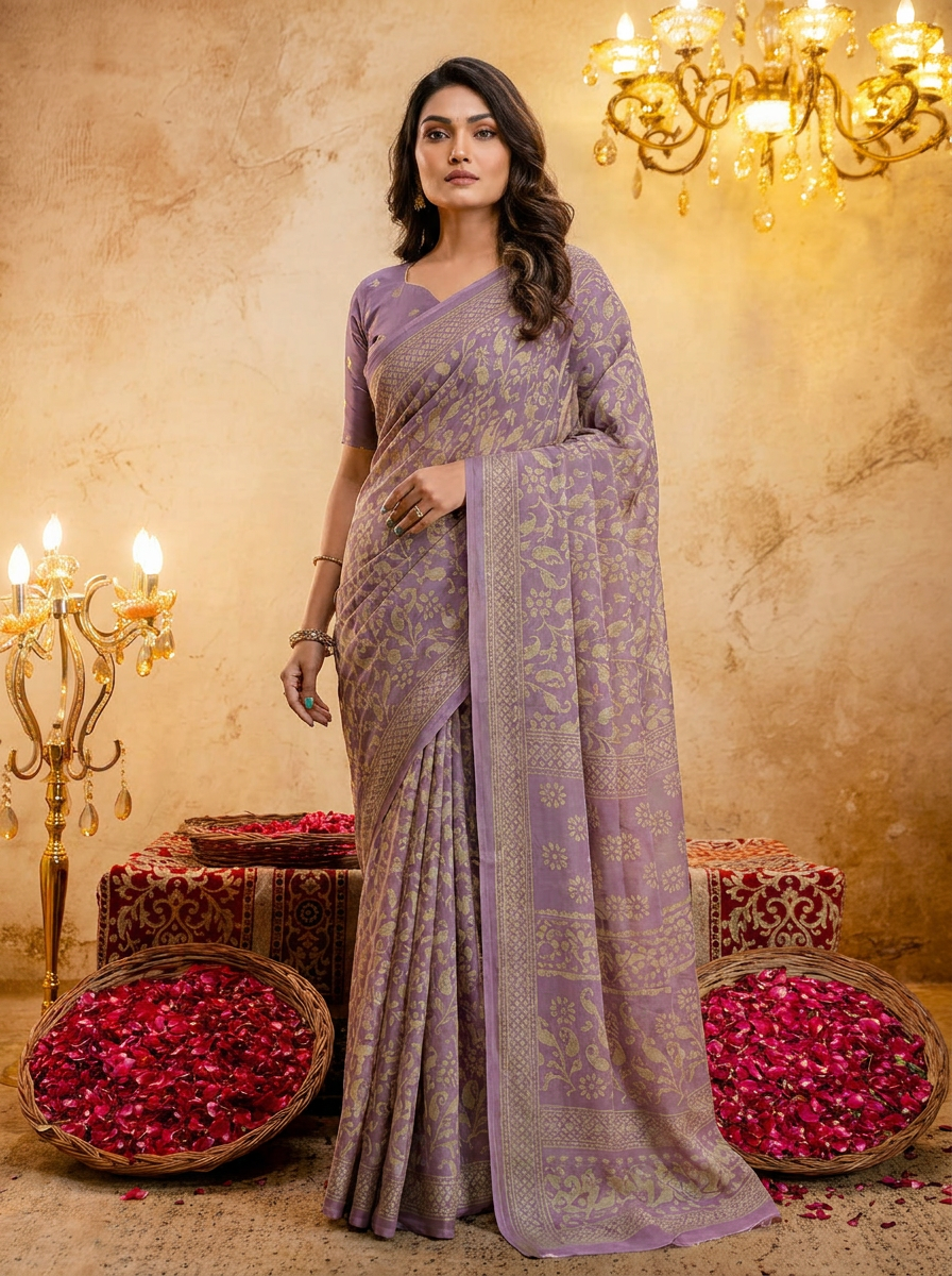 Sea Blue Cotten Saree with Golden Paisley Prints - 02 hero (1)