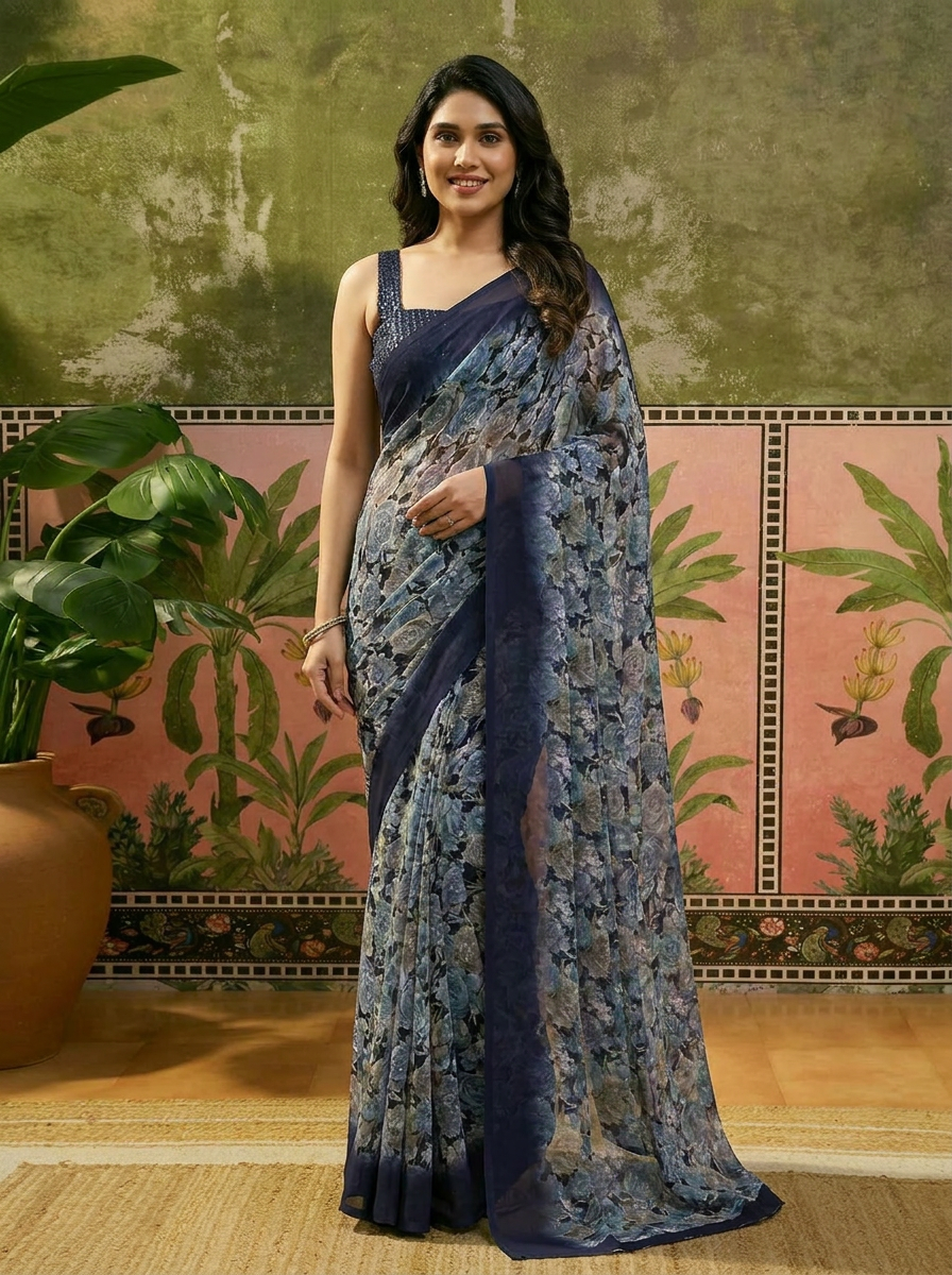 Elegant Black Floral Printed Chiffon Saree with Stylish Border – Party & Festive Wear - 02 hero (1)