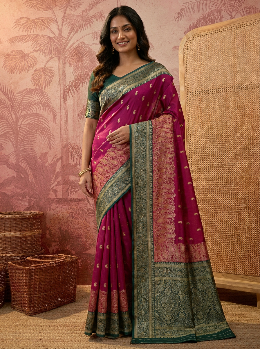 Elegant Rani Pink Banarasi Style Zari Woven Saree with Rich Golden Designer Pallu – Wedding & Festive Wear