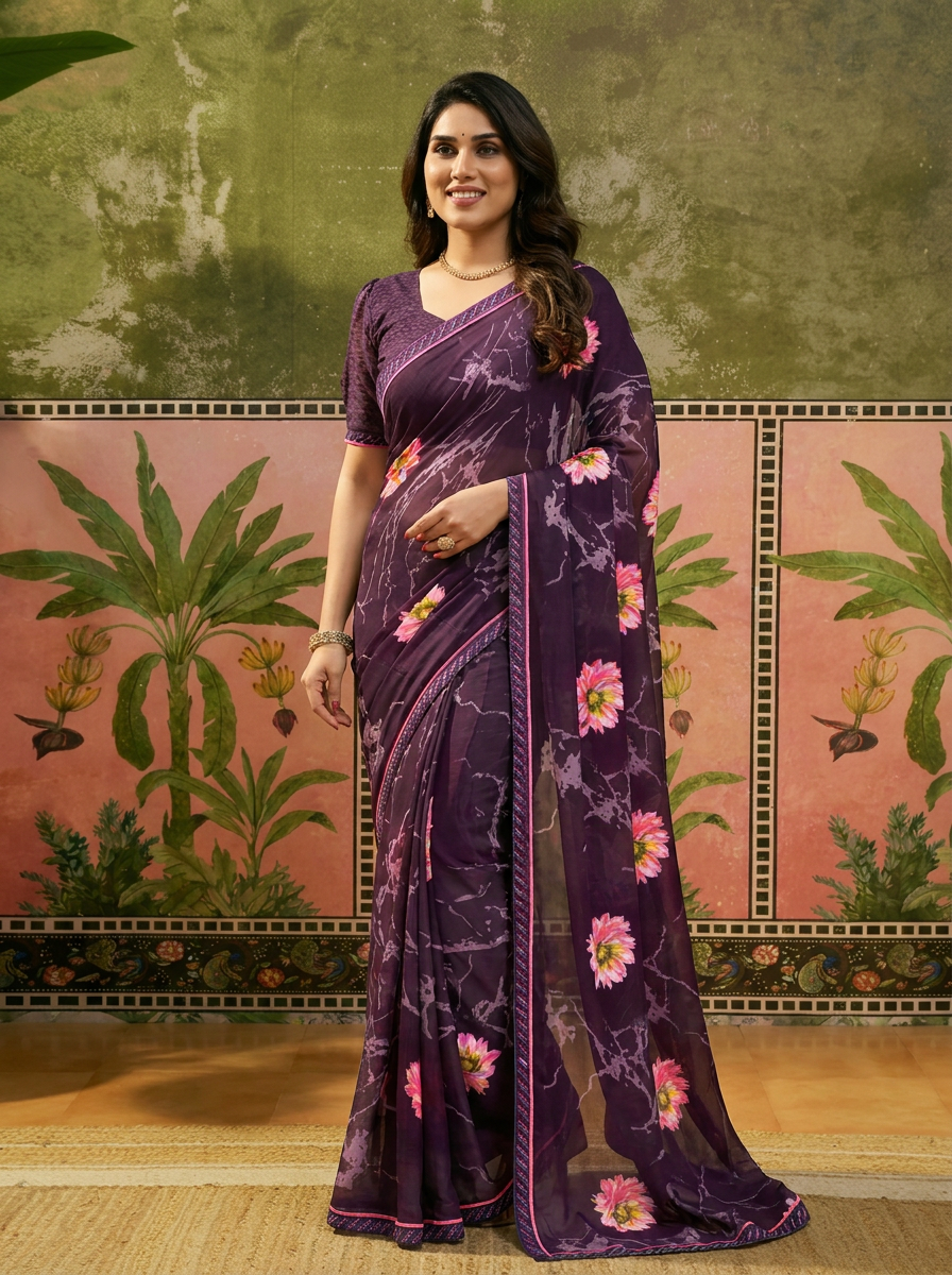 Elegant Olive Brown Floral Printed Saree with Pink Flower Design Ã¢â‚¬â€œ Stylish Party & Casual Wear - 02 hero (1)