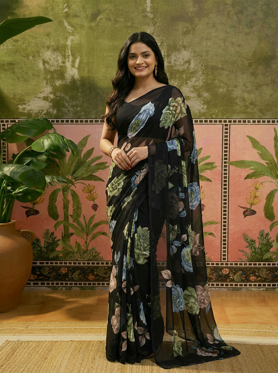 Elegant Black Floral Printed Chiffon Saree with Flower Design – Stylish Party & Casual Wear - 02 hero (1)