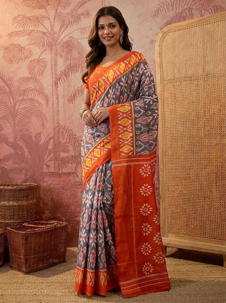 Pochampally Ikat Handloom Saree in Vibrant Orange and Blue.