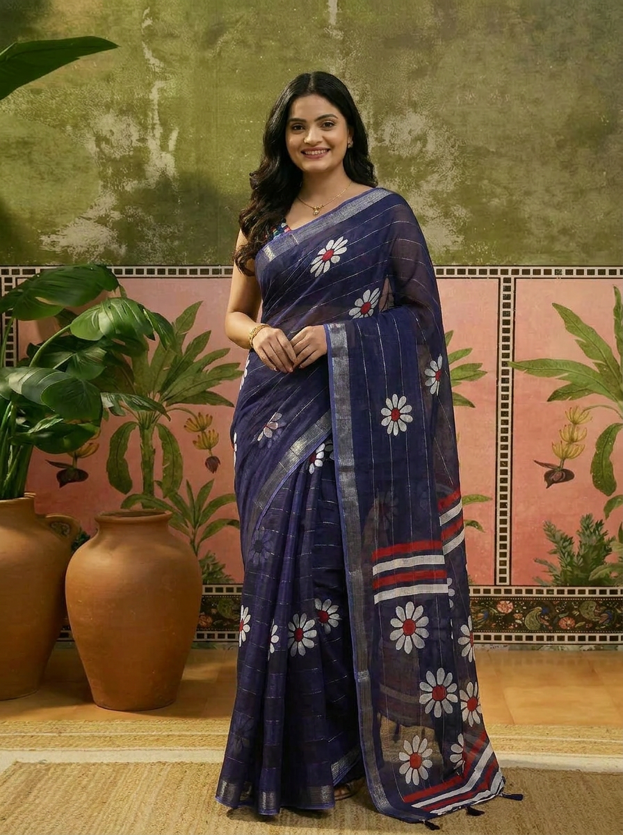 Aarohi Silk Blend Floral Saree with Woven Jari Work