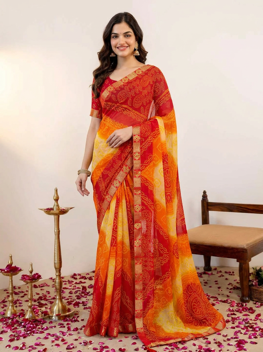 Bandhej Tassel Chiffon Saree