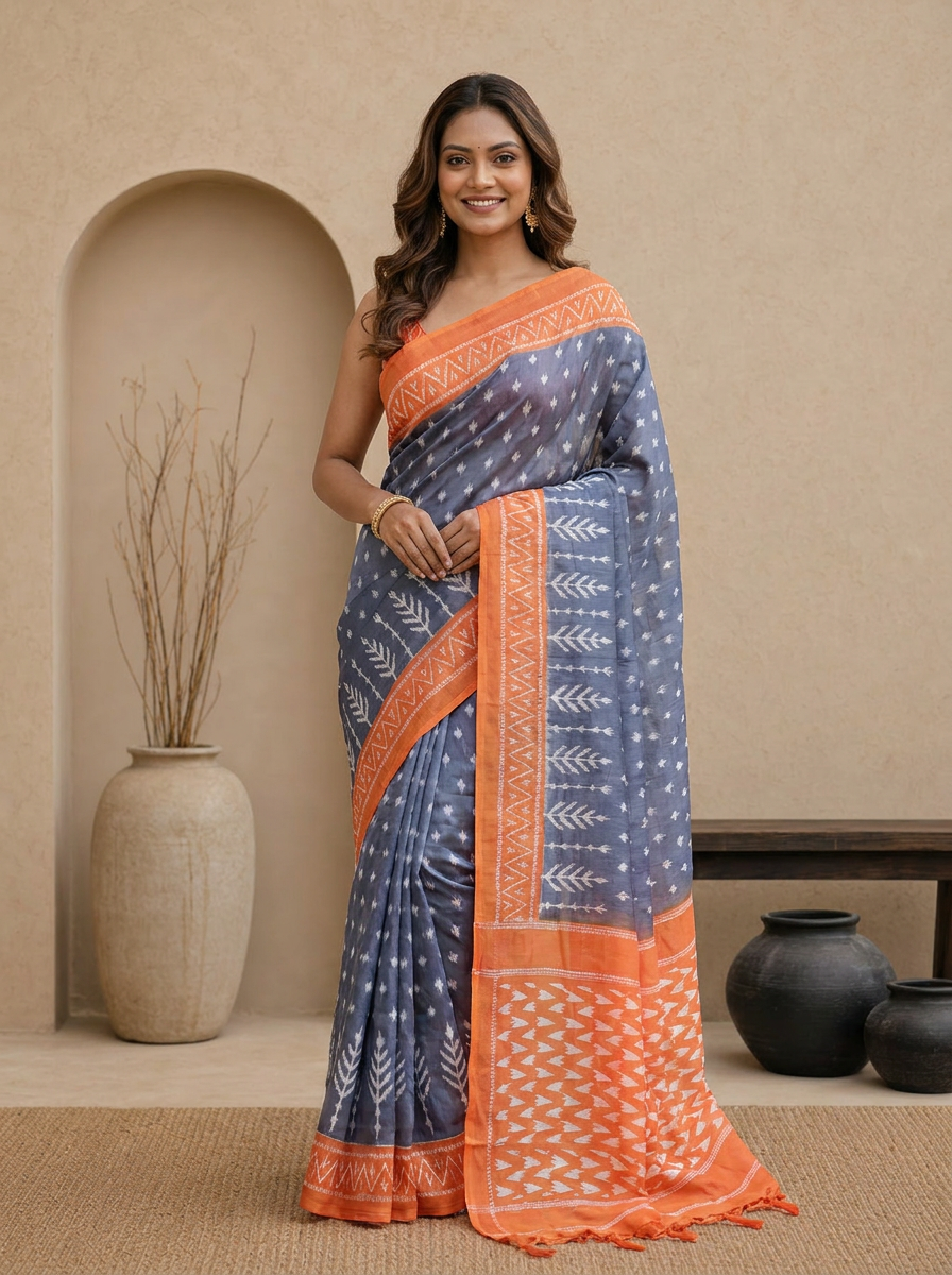 Elegant Pure Cotton Grey Saree with Orange Border & Ethnic Print - 02 hero