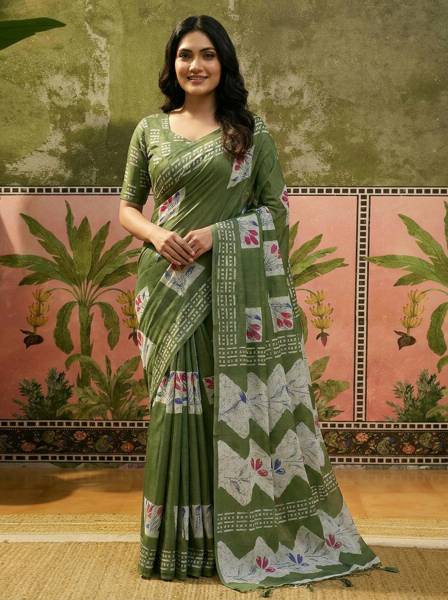 Olive Green Batik Printed Mulmul Cotton Saree - 02 hero