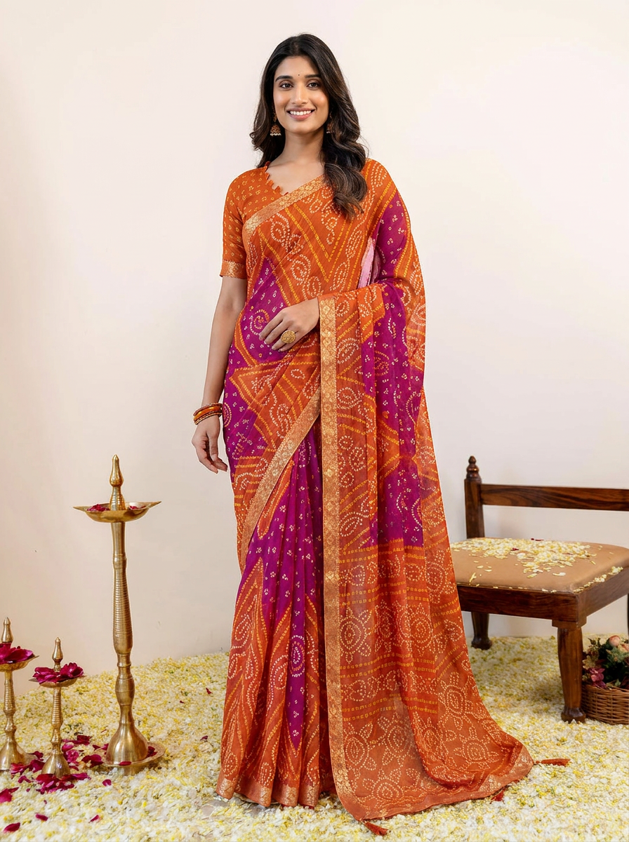 Rangriti Bandhani Chiffon Saree with Lace Border - 02 hero