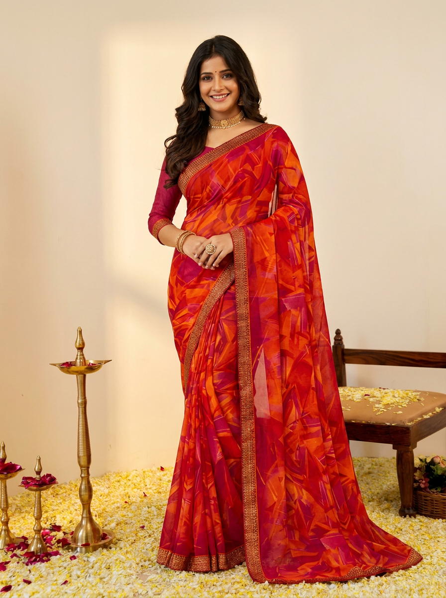 Aarohi Digital Print Chiffon Saree with Lace Border