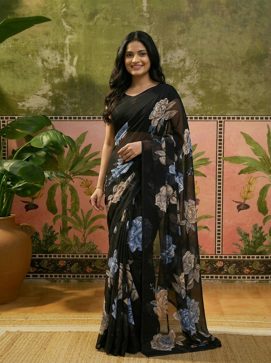 Elegant Black Floral Printed Chiffon Saree with Flower Design – Stylish Party & Casual Wear - 02 hero (2)