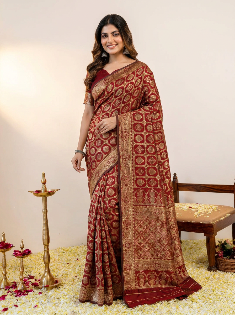 Royal Maroon Banarasi Silk Saree with Intricate Golden Zari Work - 02 hero (2)