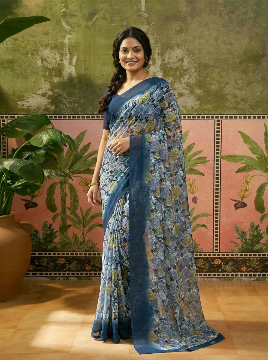 Elegant Black Floral Printed Chiffon Saree with Stylish Border – Party & Festive Wear - 02 hero (2)