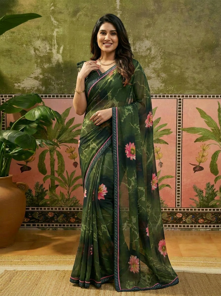 Elegant Olive Brown Floral Printed Saree with Pink Flower Design – Stylish Party & Casual Wear - 02 hero (2)