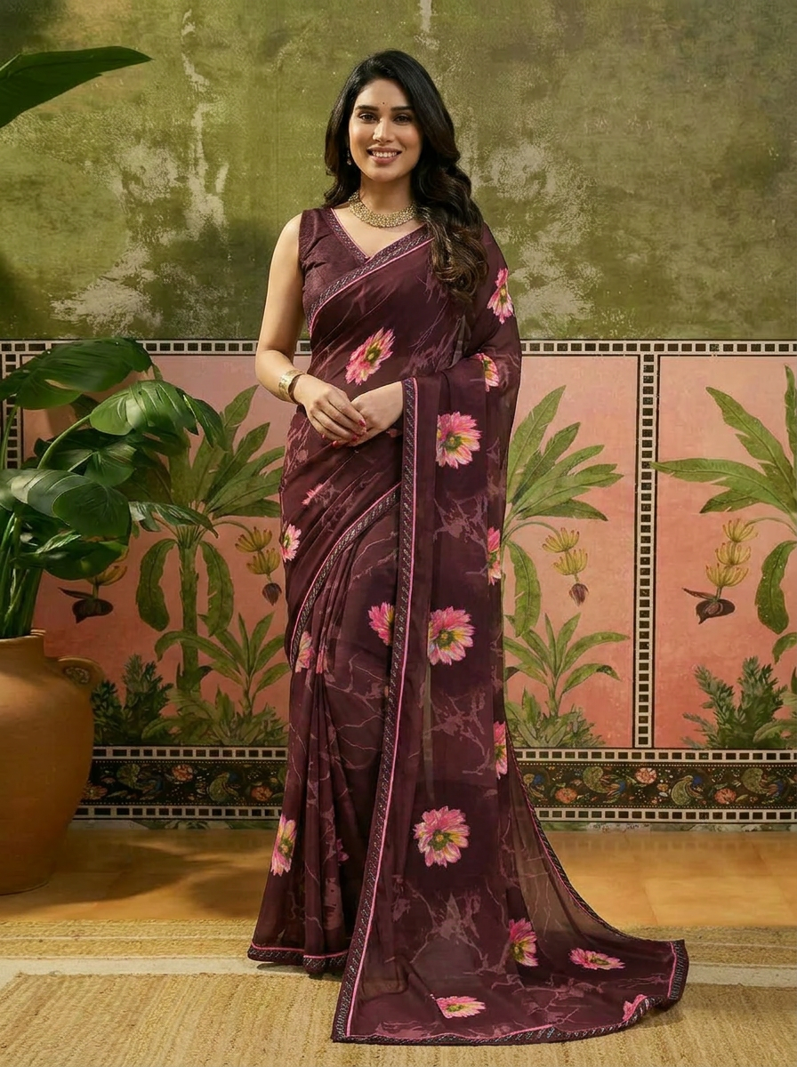 Elegant Olive Brown Floral Printed Saree with Pink Flower Design – Stylish Party & Casual Wear - 02 hero (2)