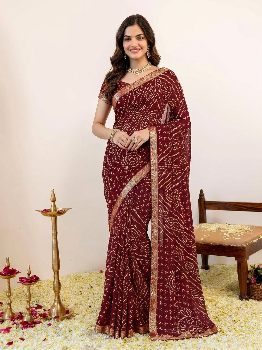 Ishani Bandhani Printed Chiffon Saree with Lace Border - 02 hero (2)