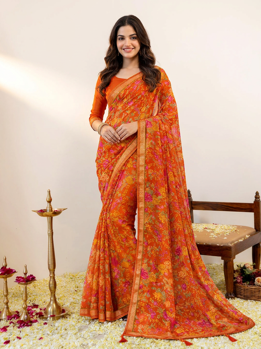 Aarna Floral Printed Chiffon Saree with Lace Border - 02 hero (2)