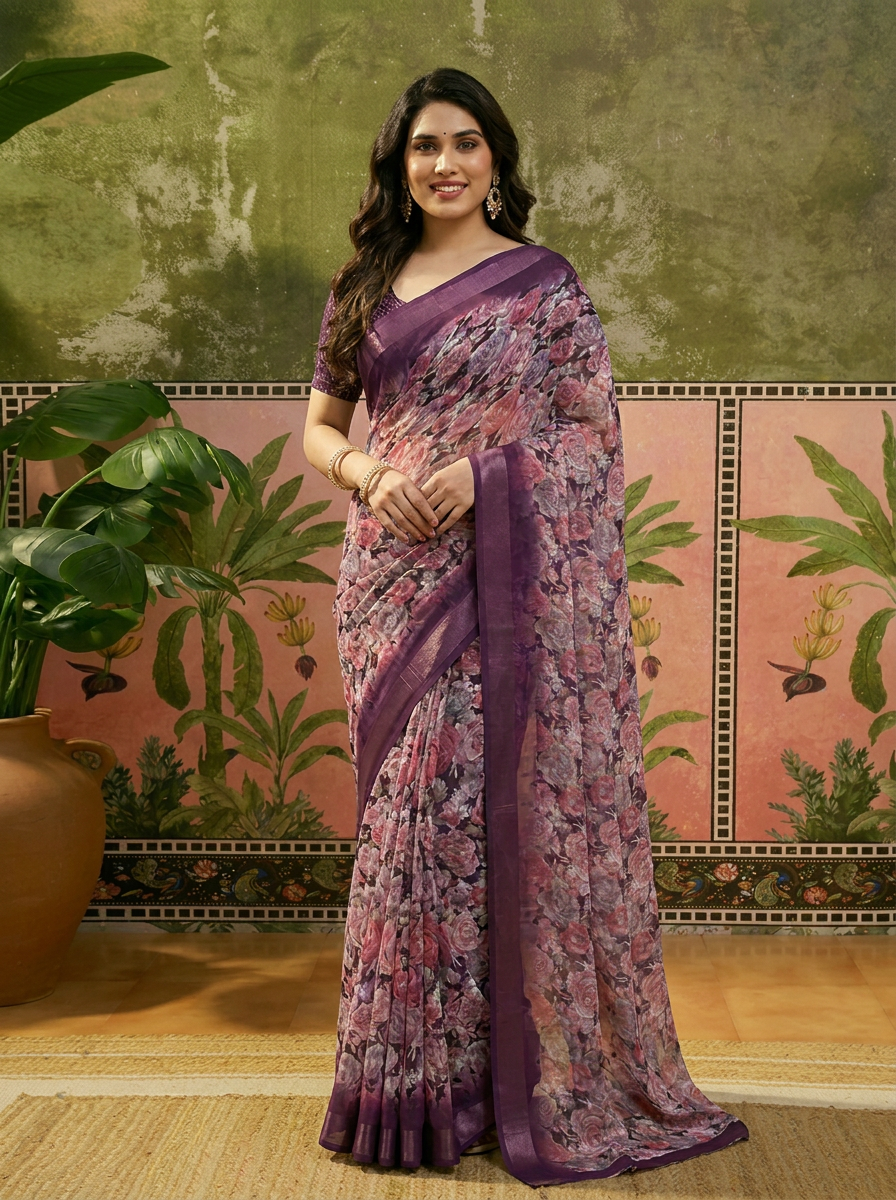 Elegant Black Floral Printed Chiffon Saree with Stylish Border – Party & Festive Wear - 02 hero (2)