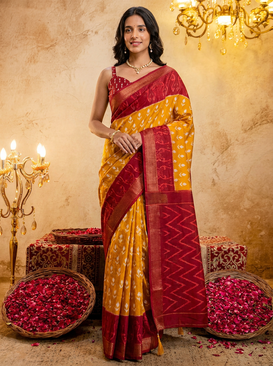 Rama green ikkat print cotton saree with blouse