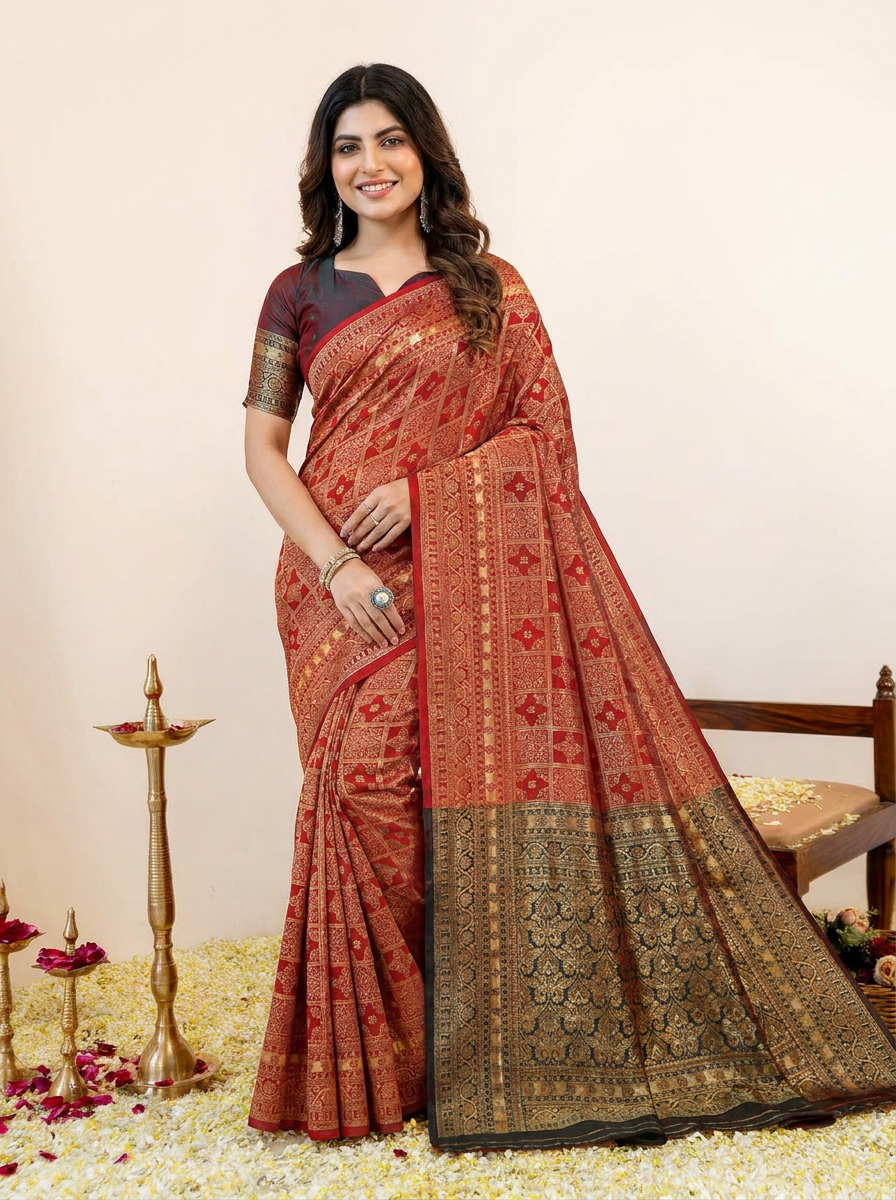 Elegant Red Banarasi Silk Saree with Rich Zari Weaving - 02 hero (2)