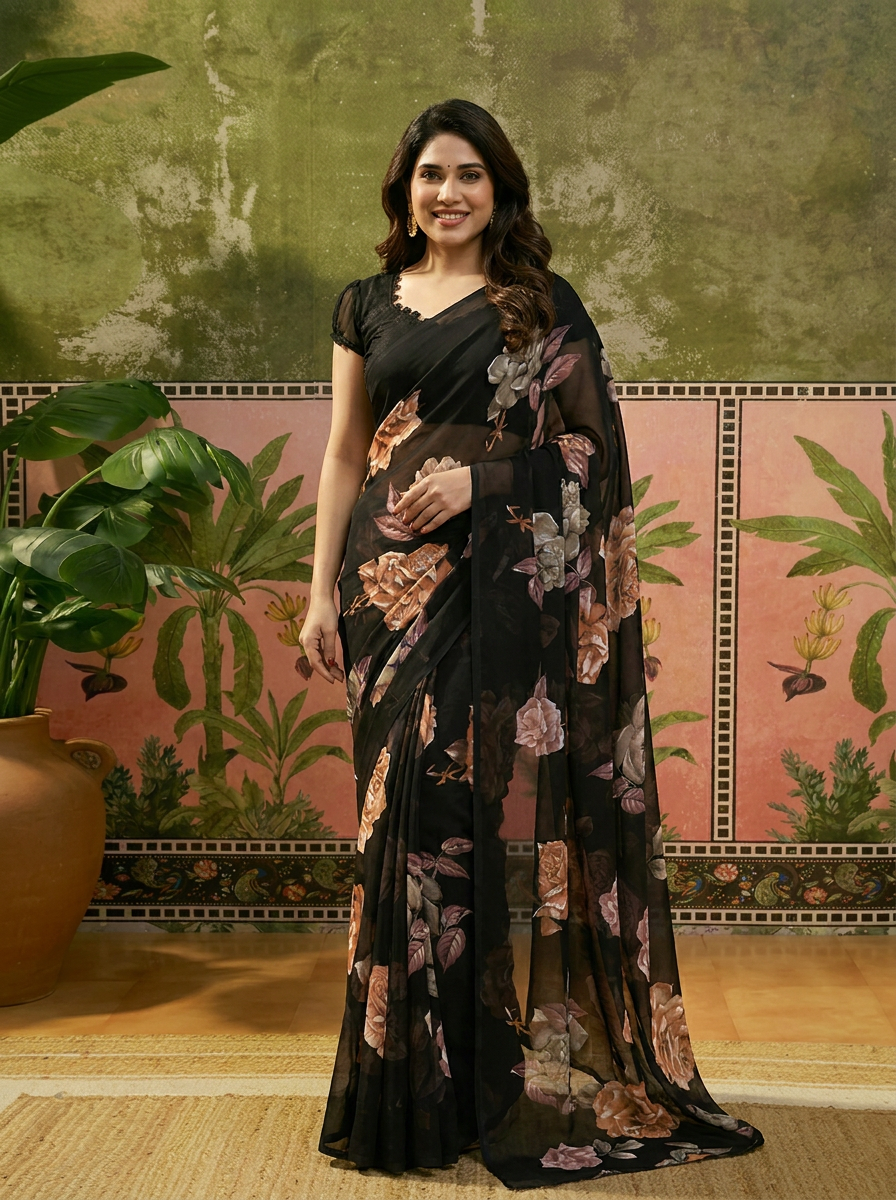 Elegant Black Floral Printed Chiffon Saree with Flower Design – Stylish Party & Casual Wear - 02 hero (2)