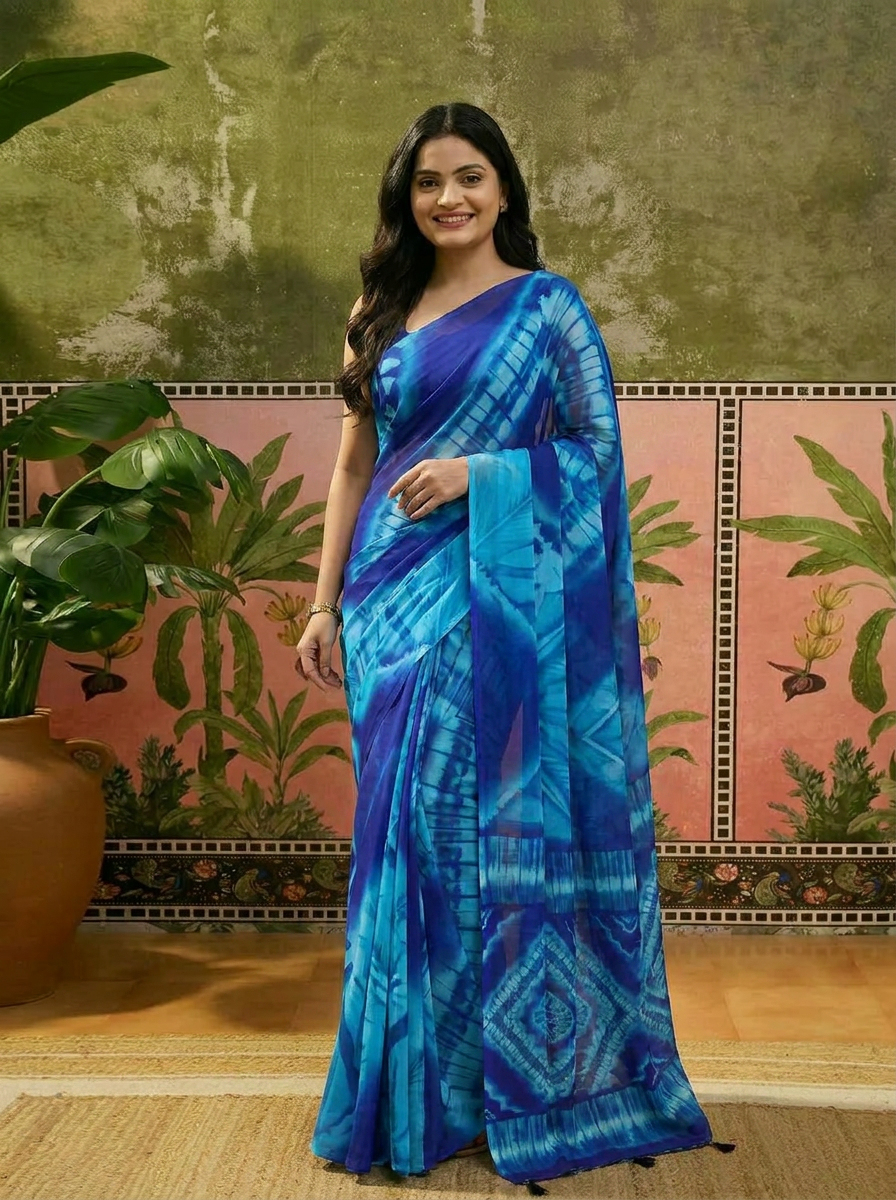 Elegant Royal Blue Tie-Dye Printed Saree Ã¢â‚¬â€œ Stylish Party & Casual Wear - 02 hero (3)