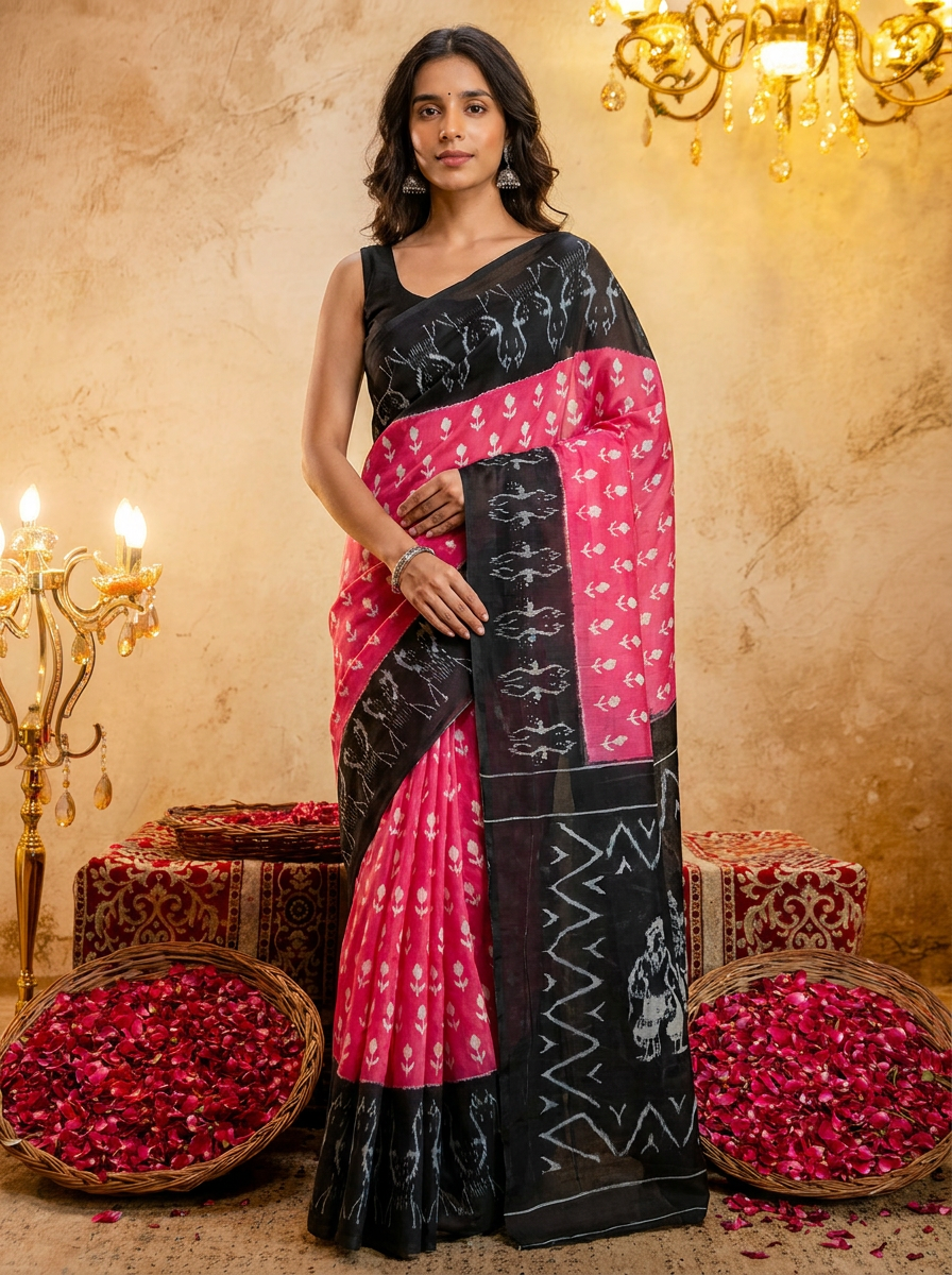 Rama green ikkat print cotton saree with blouse