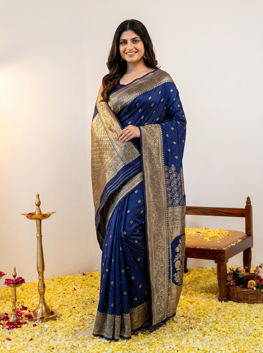 Royal Maroon Banarasi Silk Saree with Rich Golden Zari Border - 02 hero (3)